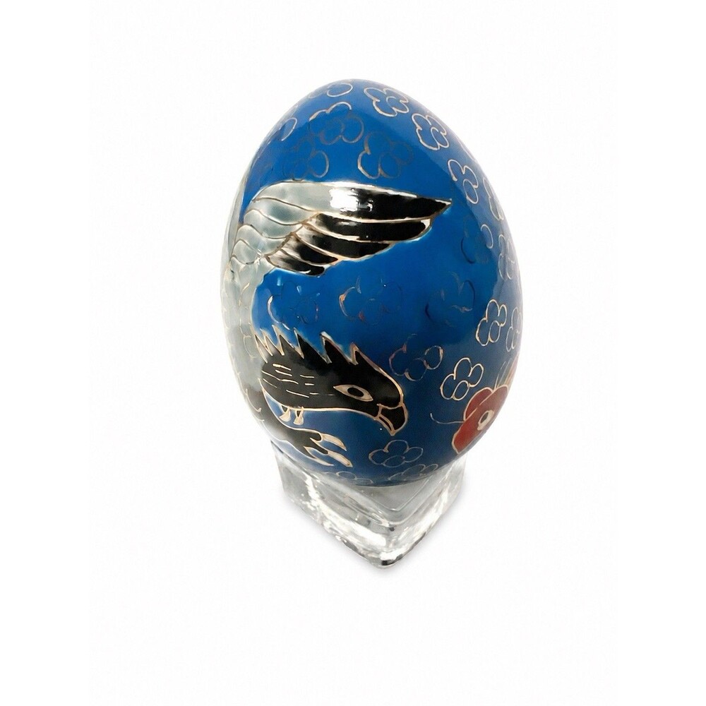 Vintage Hand Painted Decorative Egg Blue Bird Floral Glass Base Cloisonne Style